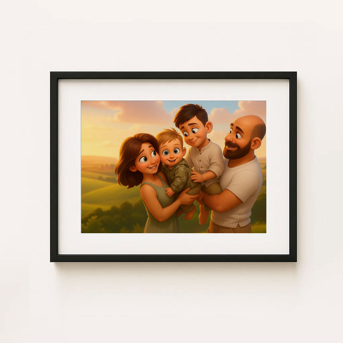 Charming Family Portrait Art: Whimsical Cartoon Style with Happy Kids and Loving Parents
 - 1