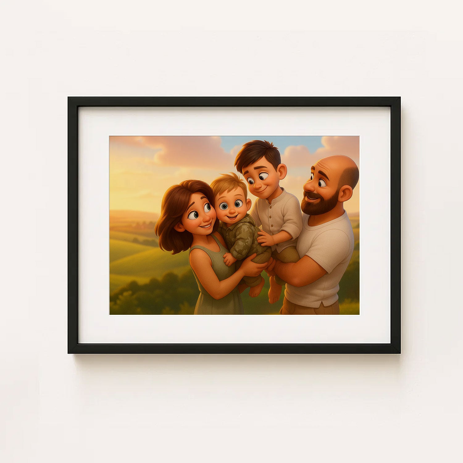 Charming Family Portrait Art: Whimsical Cartoon Style with Happy Kids and Loving Parents
 - 1