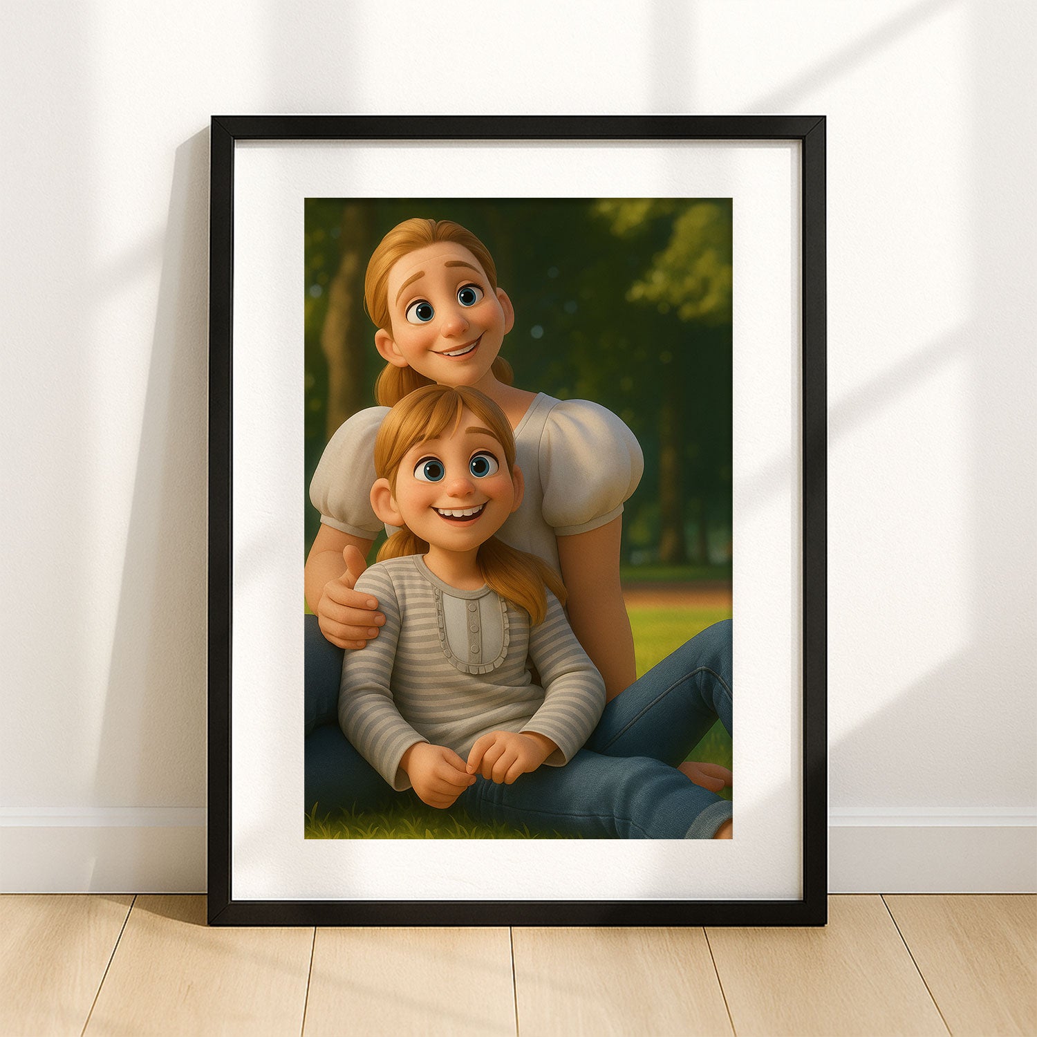 Heartwarming Cartoon Art of Father and Baby in a Sunny Field – Perfect for Family Décor
 - 1