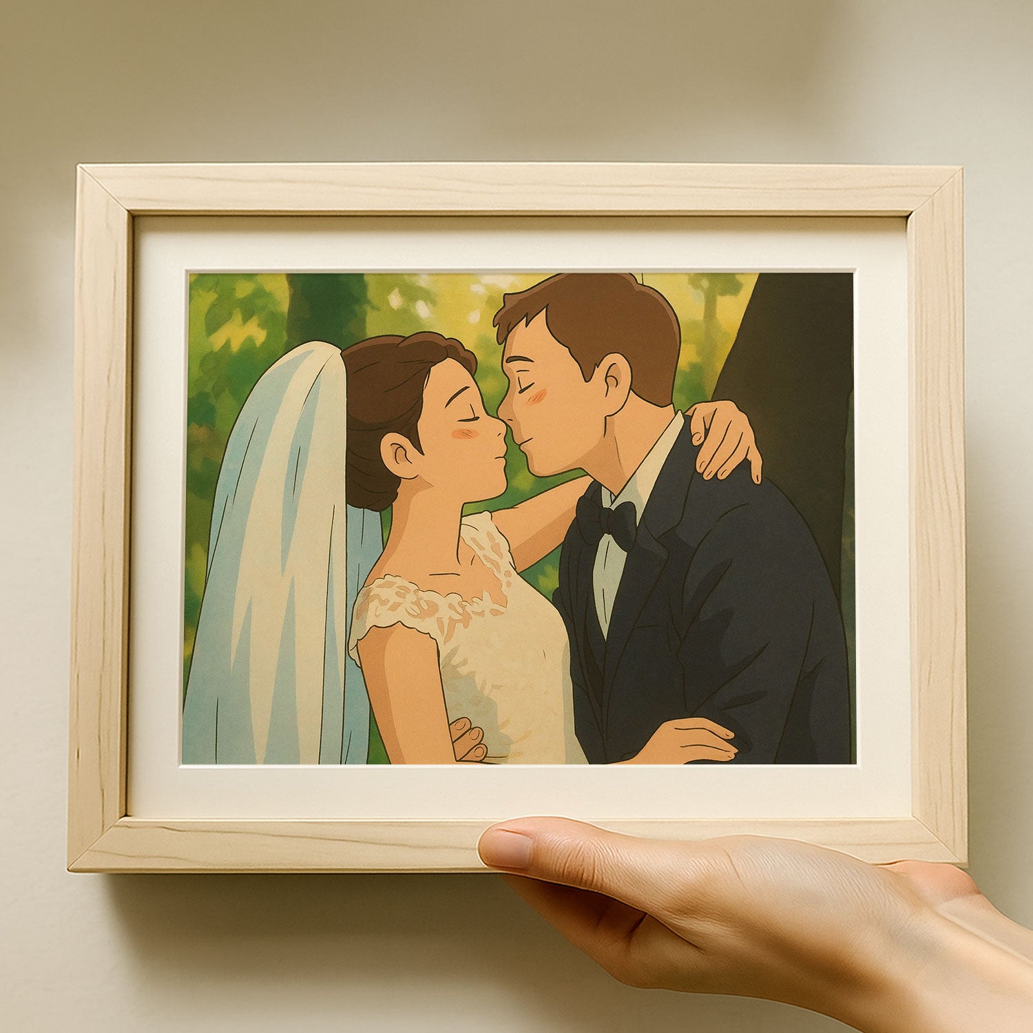 Romantic Animated Wedding Kiss Artwork in Soft Pastel Colors - Perfect for Home Decor and Gift Ideas
 - 1