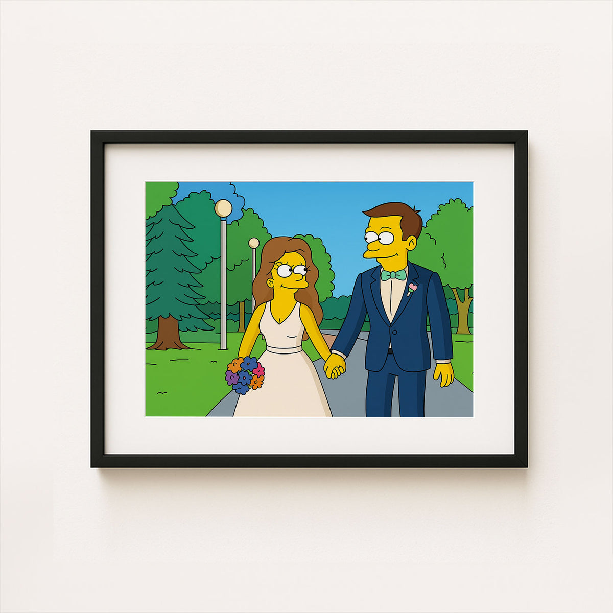 Charming Cartoon Wedding Art: Playful Bride with Bubbles in Whimsical Style
 - 1