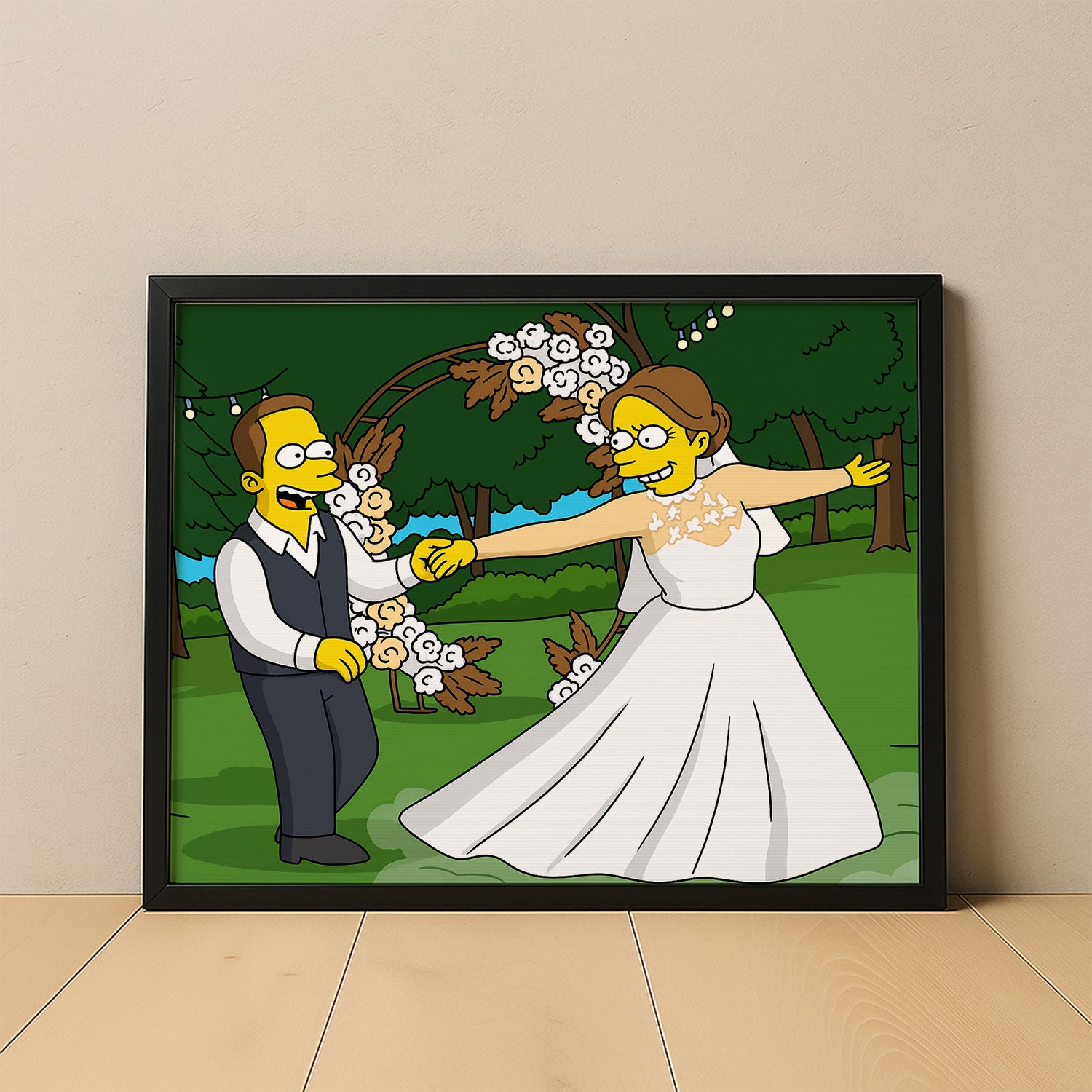 Charming Simpsons Wedding Art Print – Homer and Marge in Playful Animated Style for Home Décor
 - 1