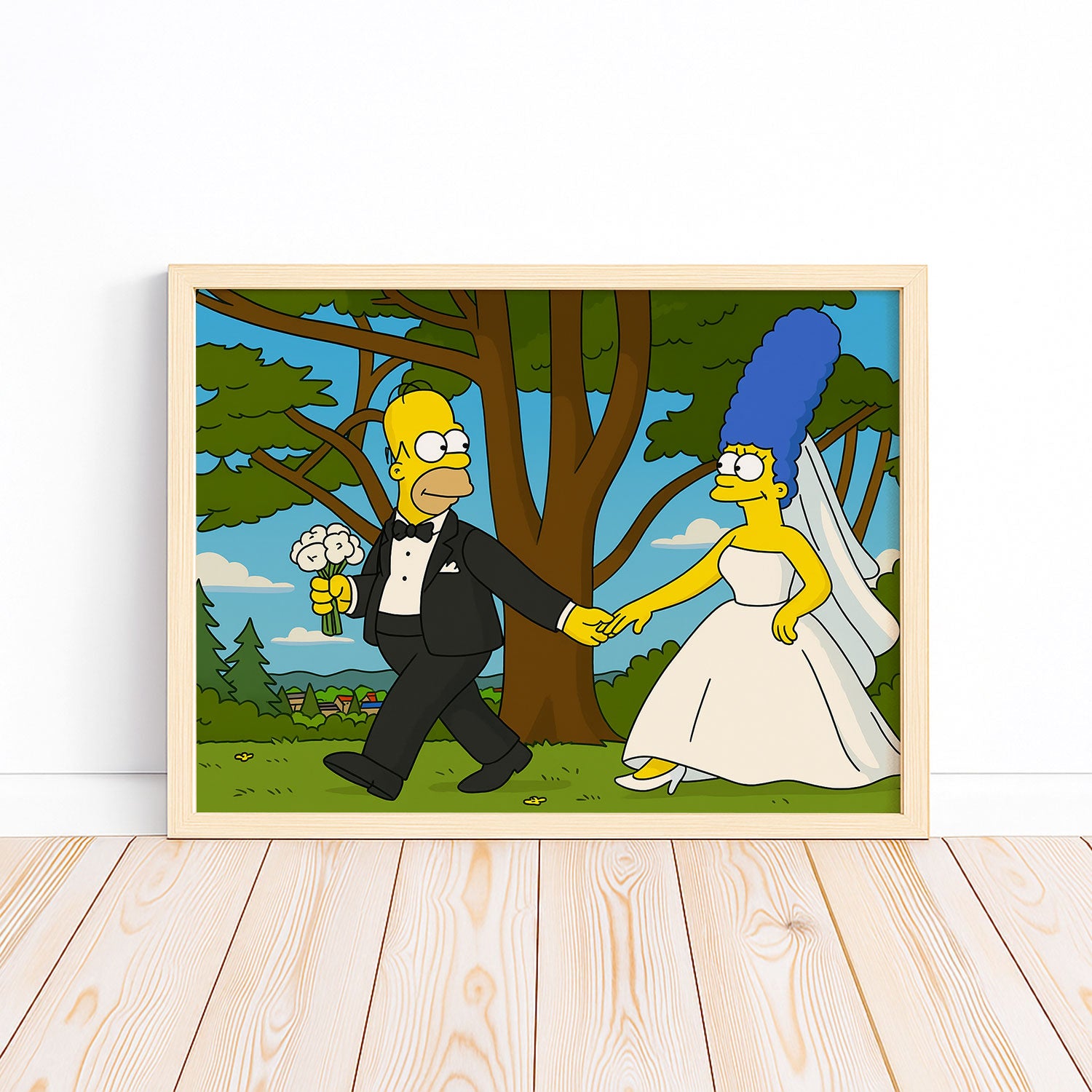 Charming Simpsons Wedding Art – Homer and Marge's Colorful Love Story Print
 - 1