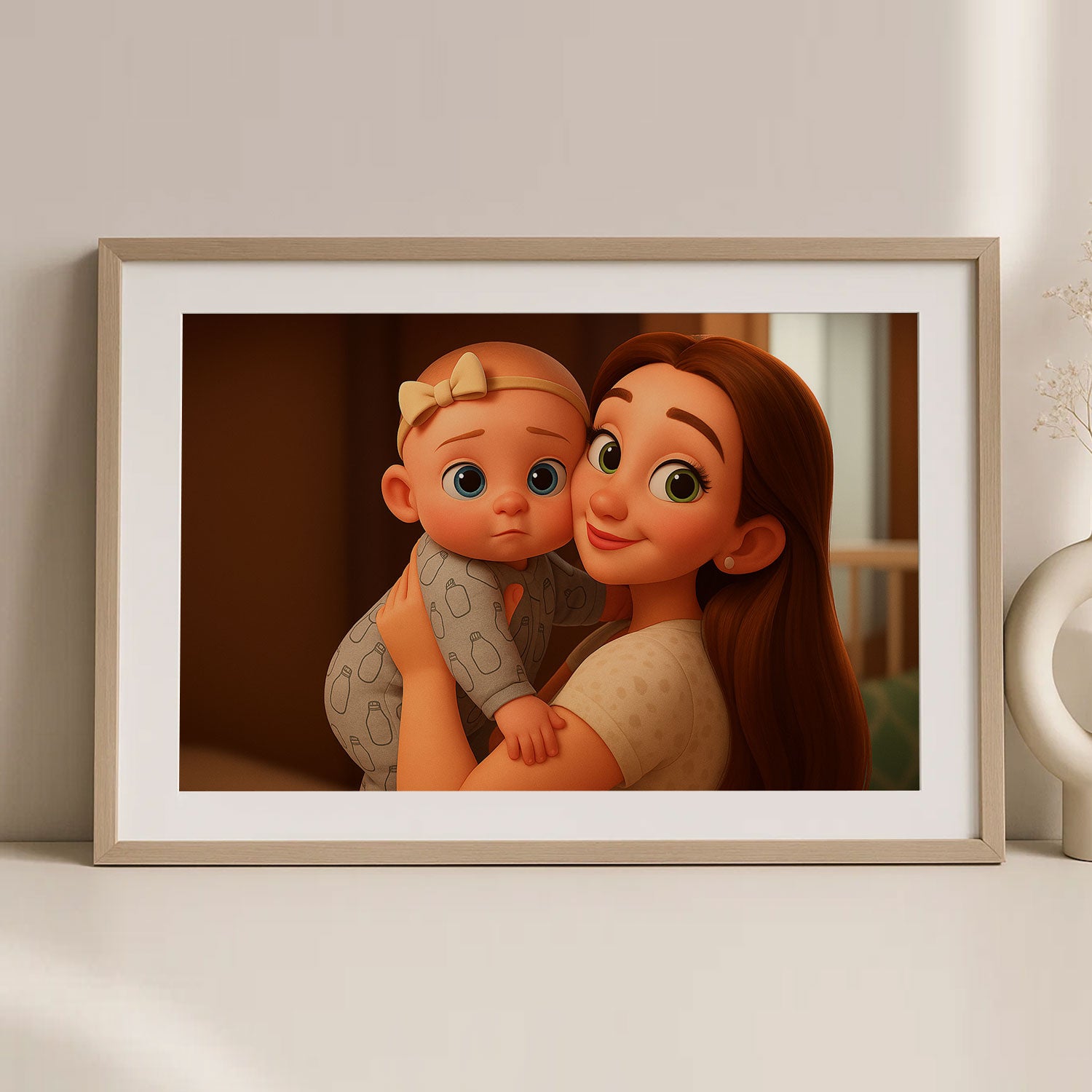 Adorable Cartoon Style Art Print of a Joyful Mother Holding Her Baby: Perfect Gift for New Parents and Nursery Decor
 - 1