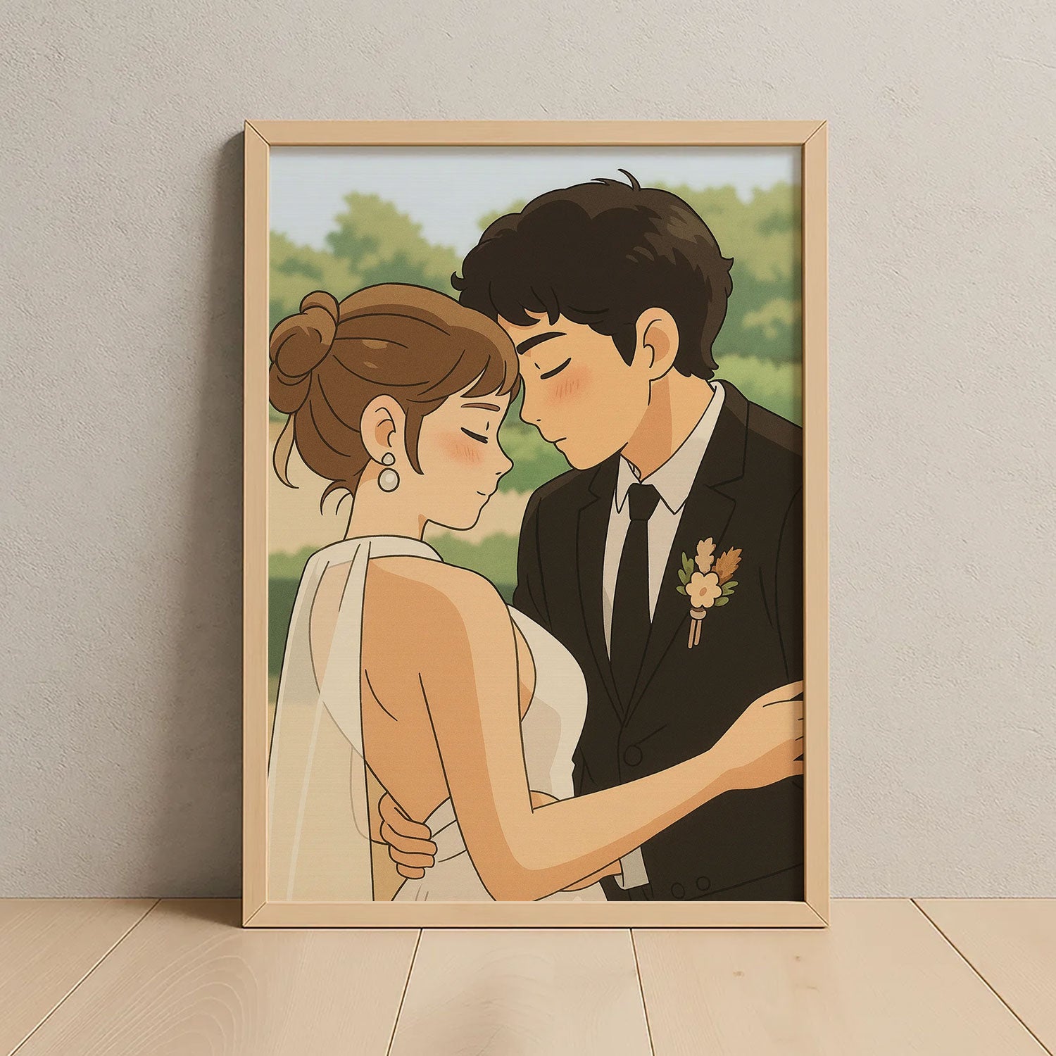 Charming Vintage Wedding Art Print: Joyful Couple in Elegant Attire with Floral Bouquet
 - 1