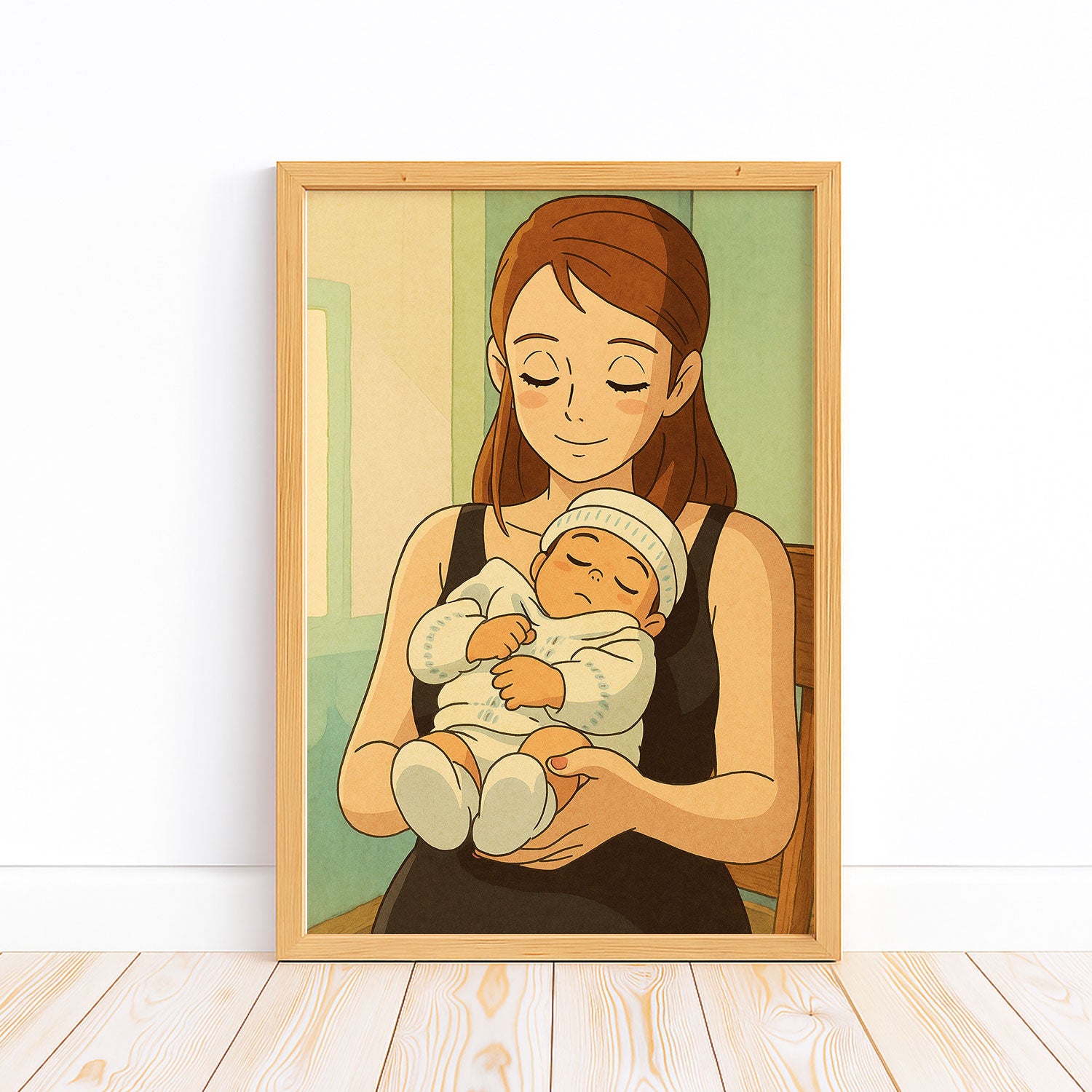 Charming Mother and Baby Art Print in Warm Colors - Beautifully Illustrated Cartoon Style for Nursery Decor
 - 1