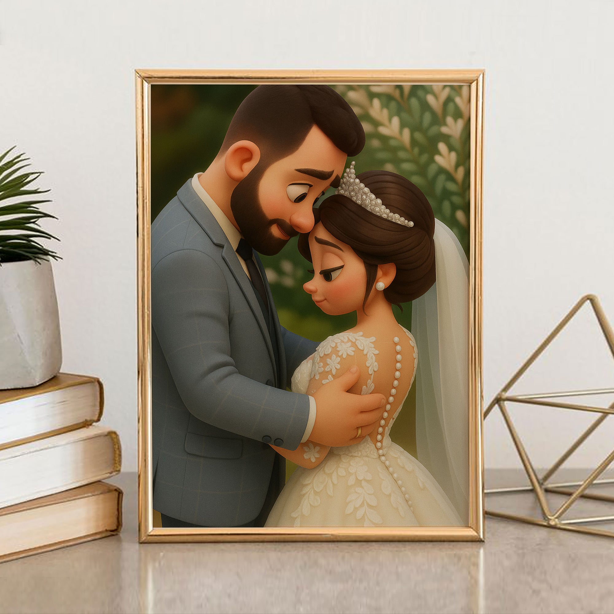 Charming Cartoon Wedding Art Print - Heartwarming Bride and Groom Illustration for Your Home Decor
 - 1