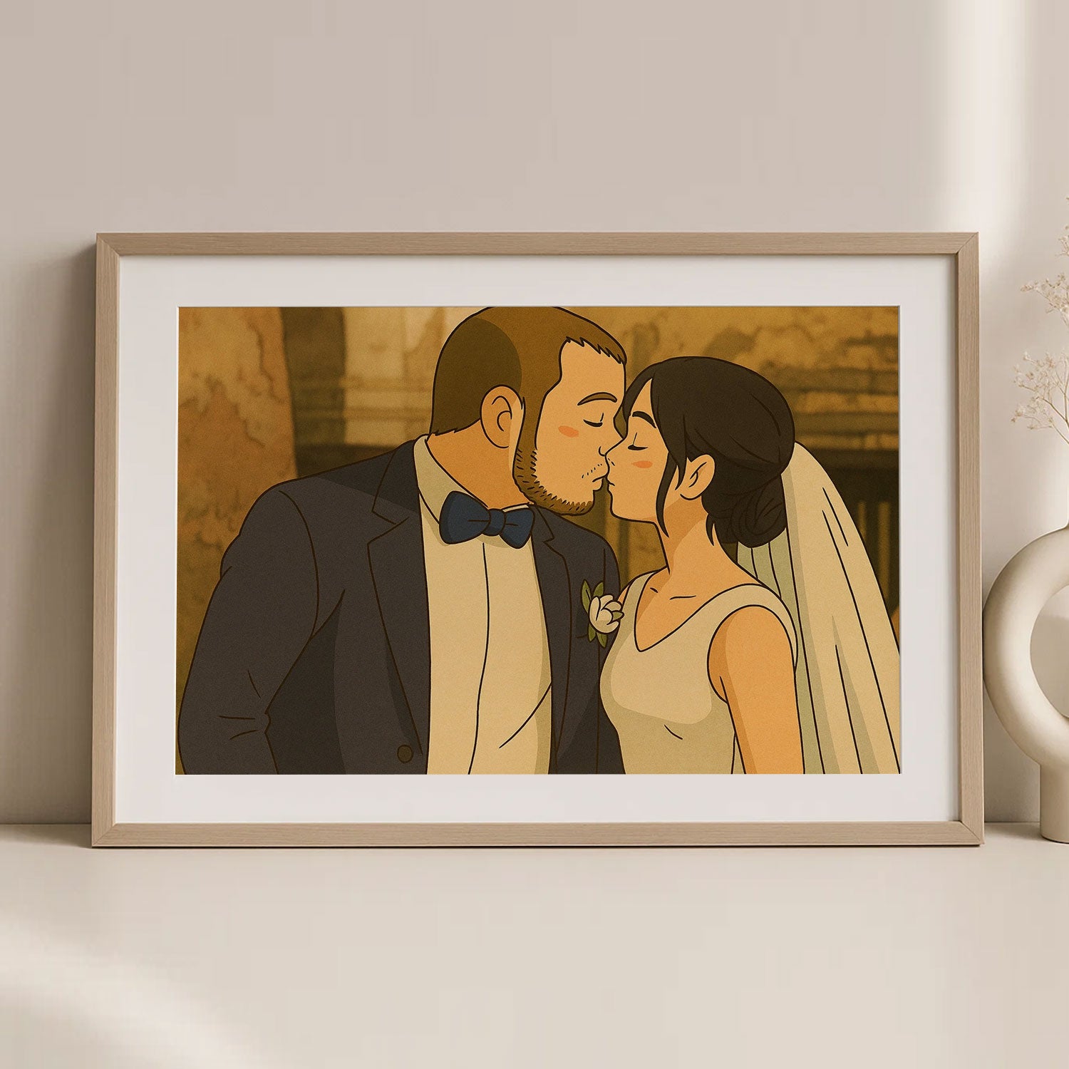 Charming Cartoon Wedding Art Print: Celebrate Your Love with Stylish Framed Couple Illustration
 - 1