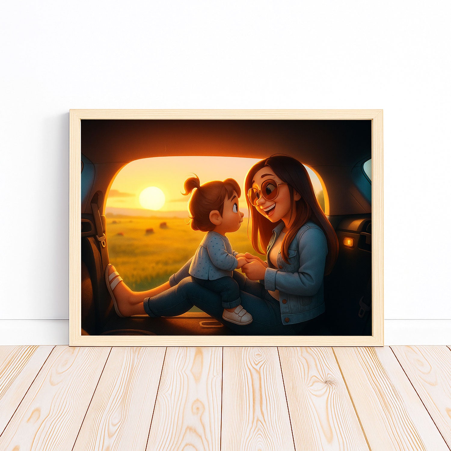 Heartwarming Cartoon Art Print of a Loving Mother Kissing Her Baby – Perfect Nursery Decor for a Cozy Home
 - 1