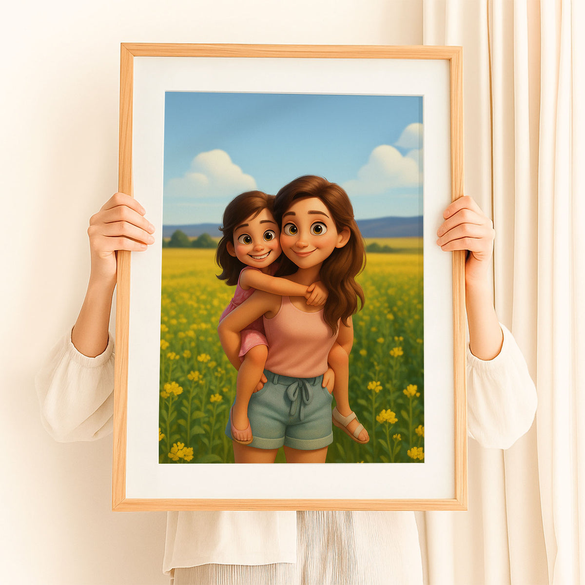 Heartwarming Mother-Daughter Portrait in Vibrant Cartoon Style | Perfect Wall Art for Family Spaces
 - 1
