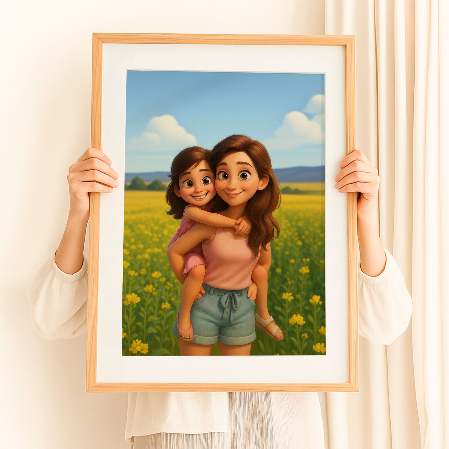 Heartwarming Mother-Daughter Portrait in Vibrant Cartoon Style | Perfect Wall Art for Family Spaces
 - 1