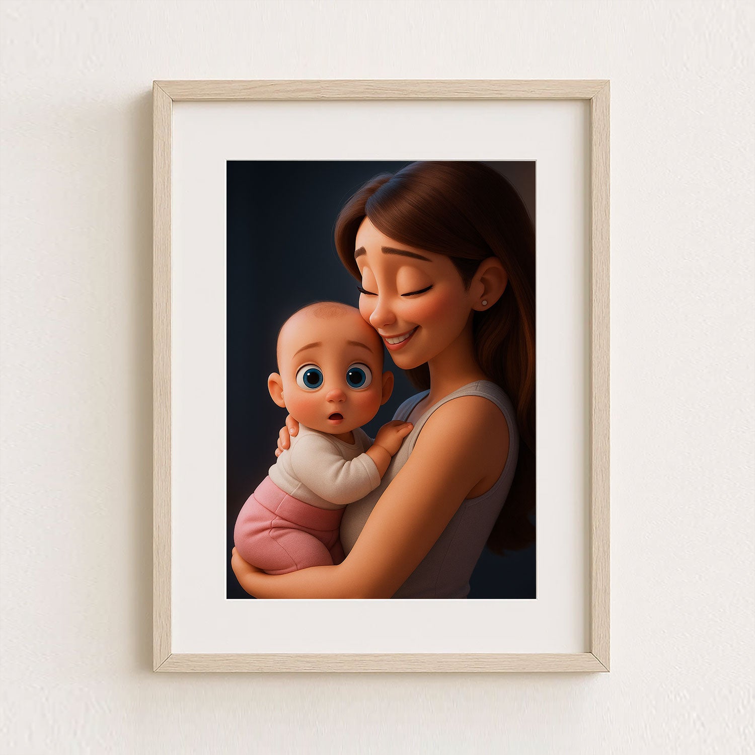 Heartwarming Cartoon Mom and Baby Art Print – Perfect for Nursery Decor and Family Love Reminders
 - 1