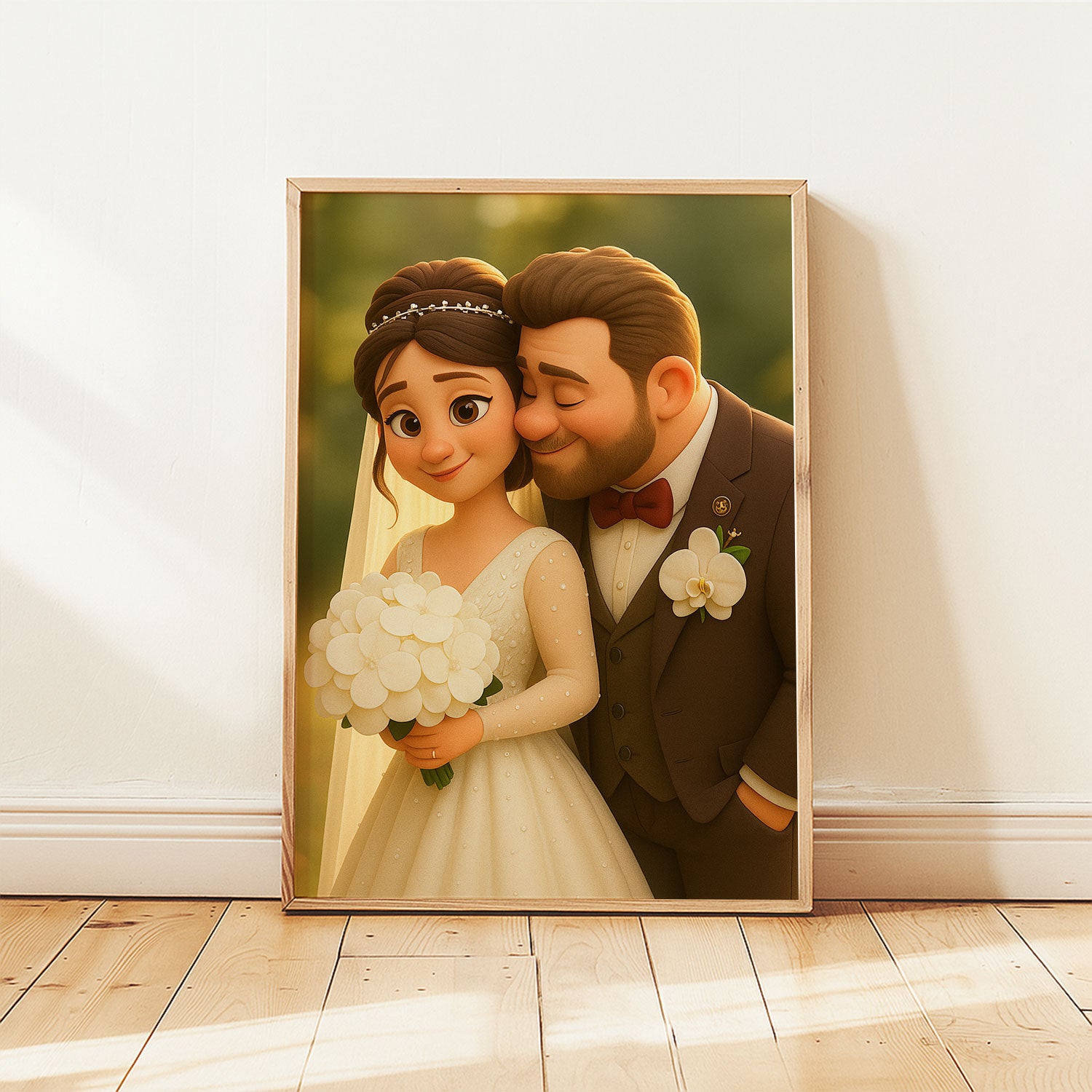 Charming Cartoon Wedding Portrait: Joyful Couple Embracing with Flowers in a Whimsical Art Style
 - 1