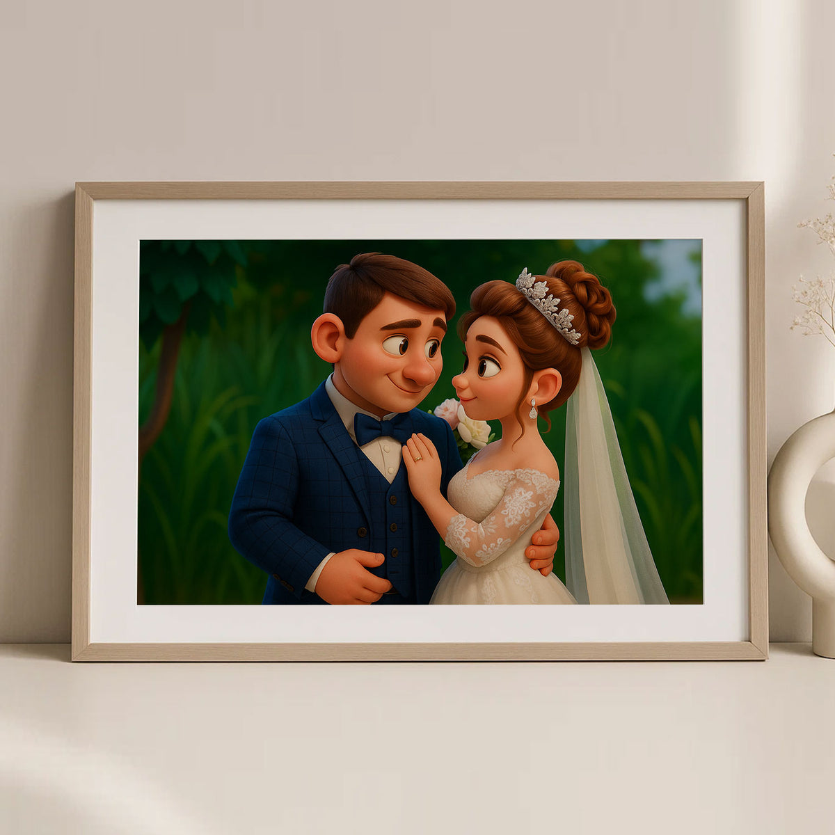 Charming Cartoon Wedding Portrait of a Happy Couple with Bouquet in Bright Colors
 - 1