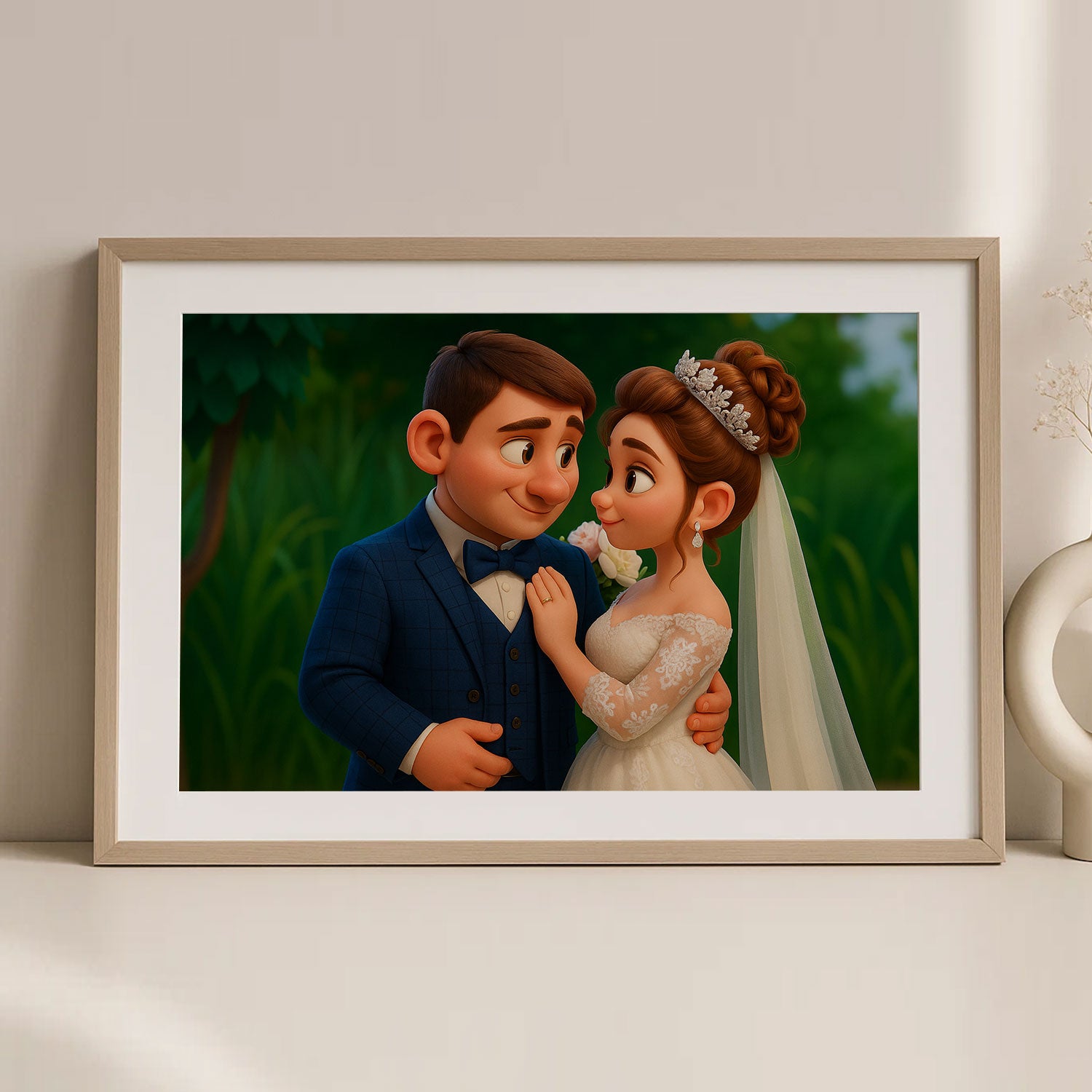 Charming Cartoon Wedding Portrait of a Happy Couple with Bouquet in Bright Colors
 - 1