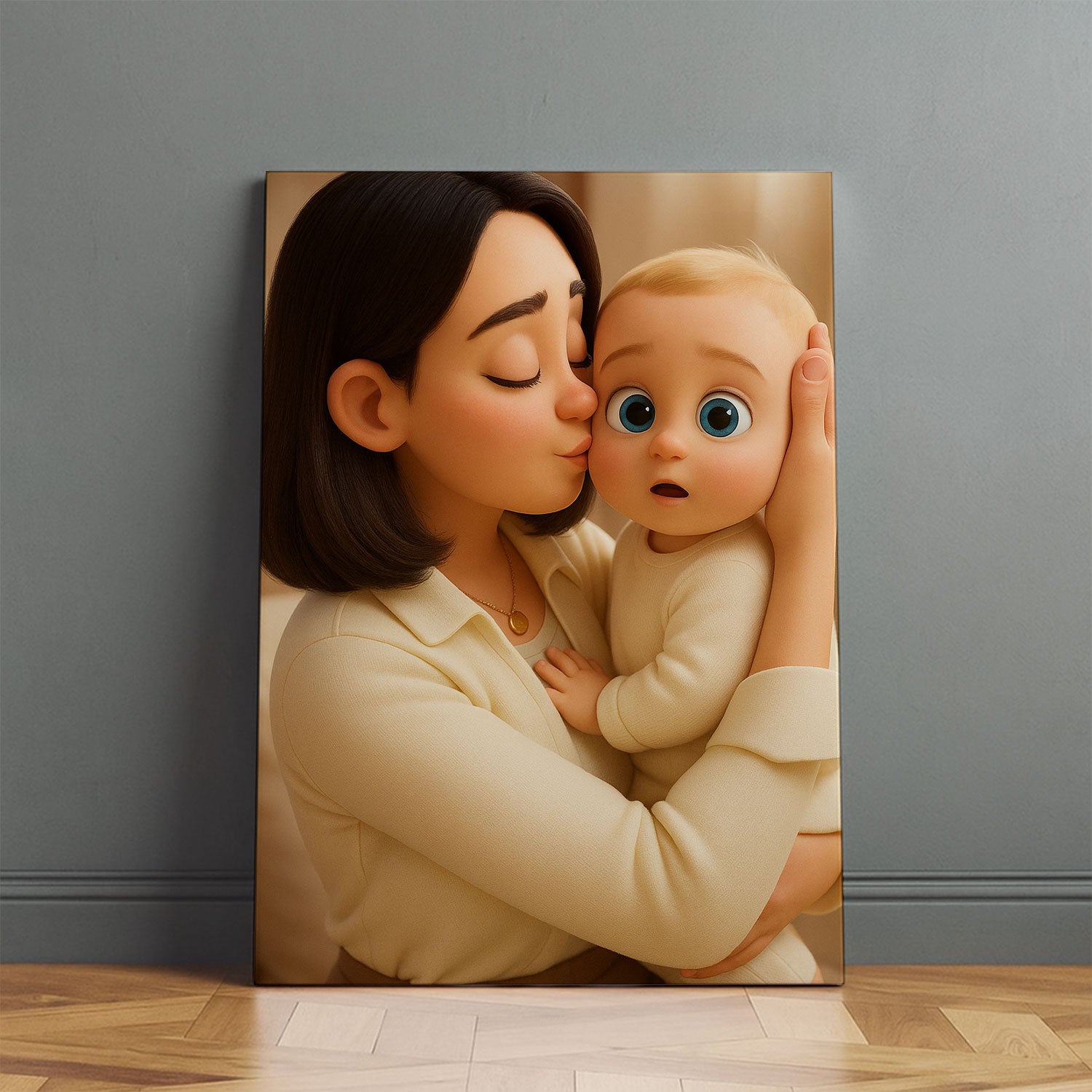 Charming Cartoon Art Print of a Loving Mother and Baby in Soft Colors for Cozy Home Decor | Whimsical Family Moments Illustration
 - 1