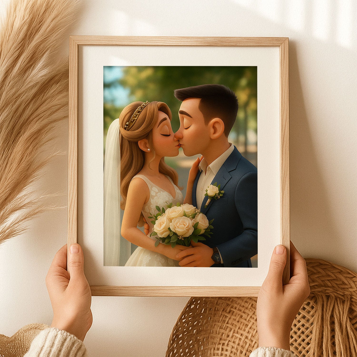 Charming Wedding Couple Art Print in Whimsical Cartoon Style - Perfect for Home Decor and Gift Ideas
 - 1
