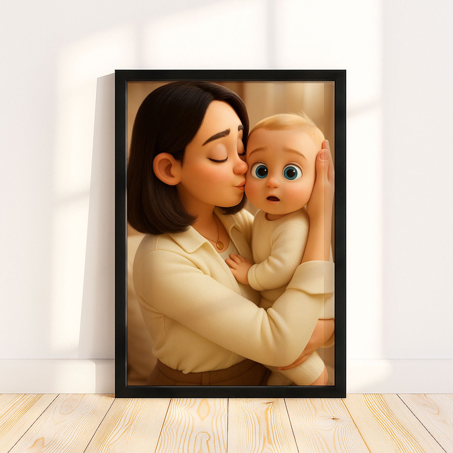 Heartwarming Cartoon Portrait of a Mother and Baby: Perfect Gift for New Parents and Nursery Decor
 - 1