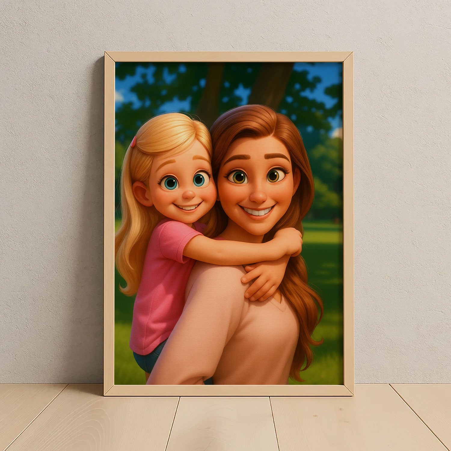 Charming Mother-Daughter Bond in Vibrant Cartoon Style Artwork for Family Decor
 - 1