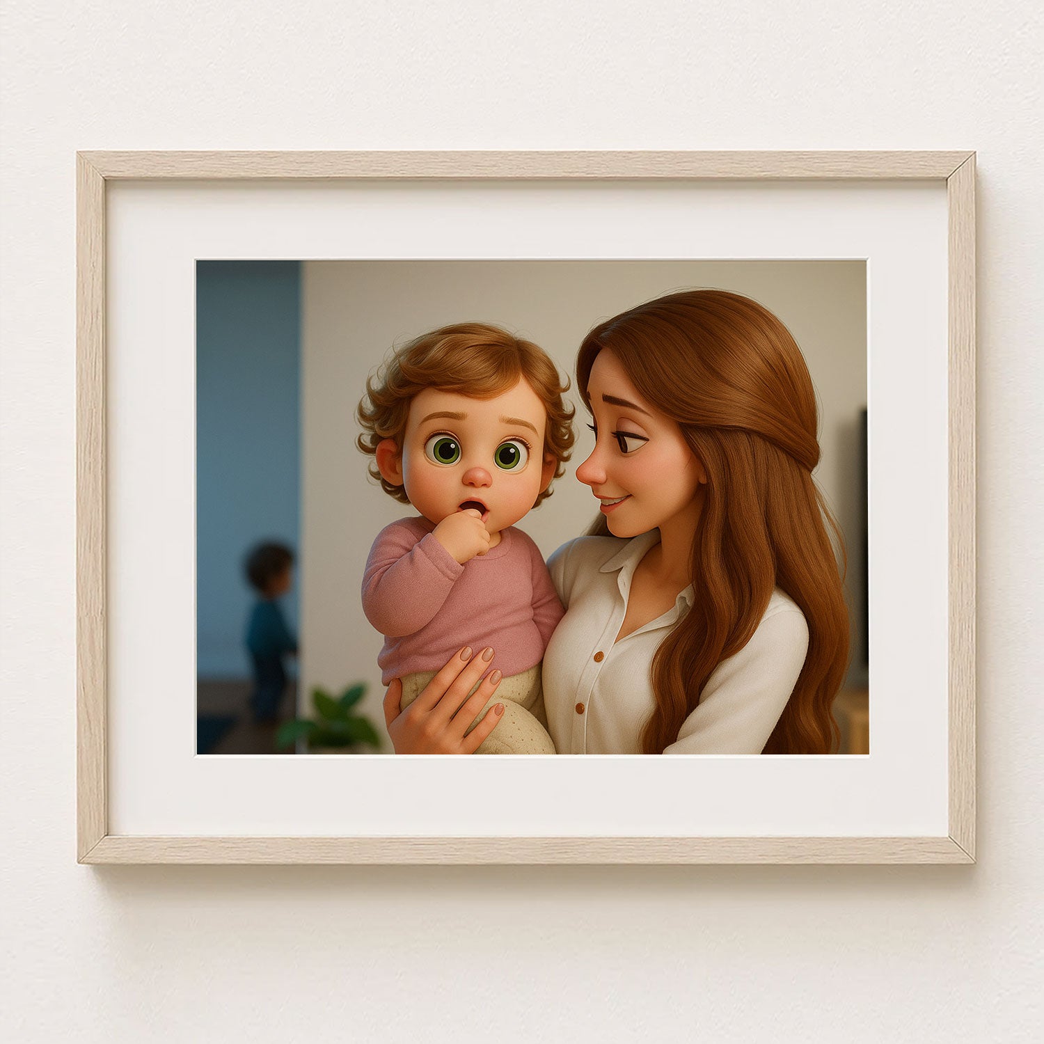 Heartwarming Mother and Baby Illustration: Adorable Family Portrait in Vibrant Cartoon Style, Perfect for Home Decor and Gifts
 - 1