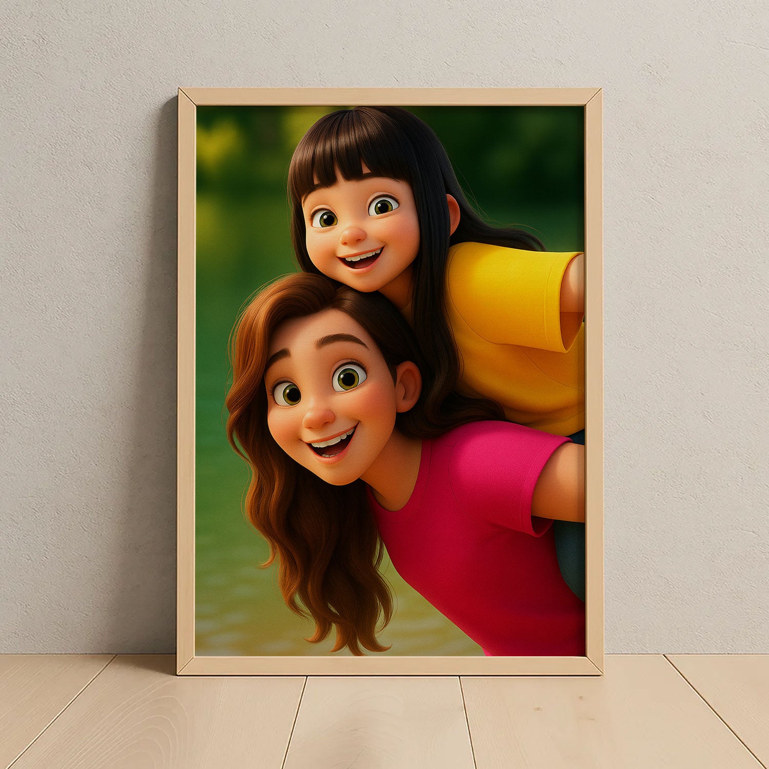 Heartwarming Cartoon Art of Mother and Daughter Embracing in Colorful Nature - Perfect for Family Decor
 - 1