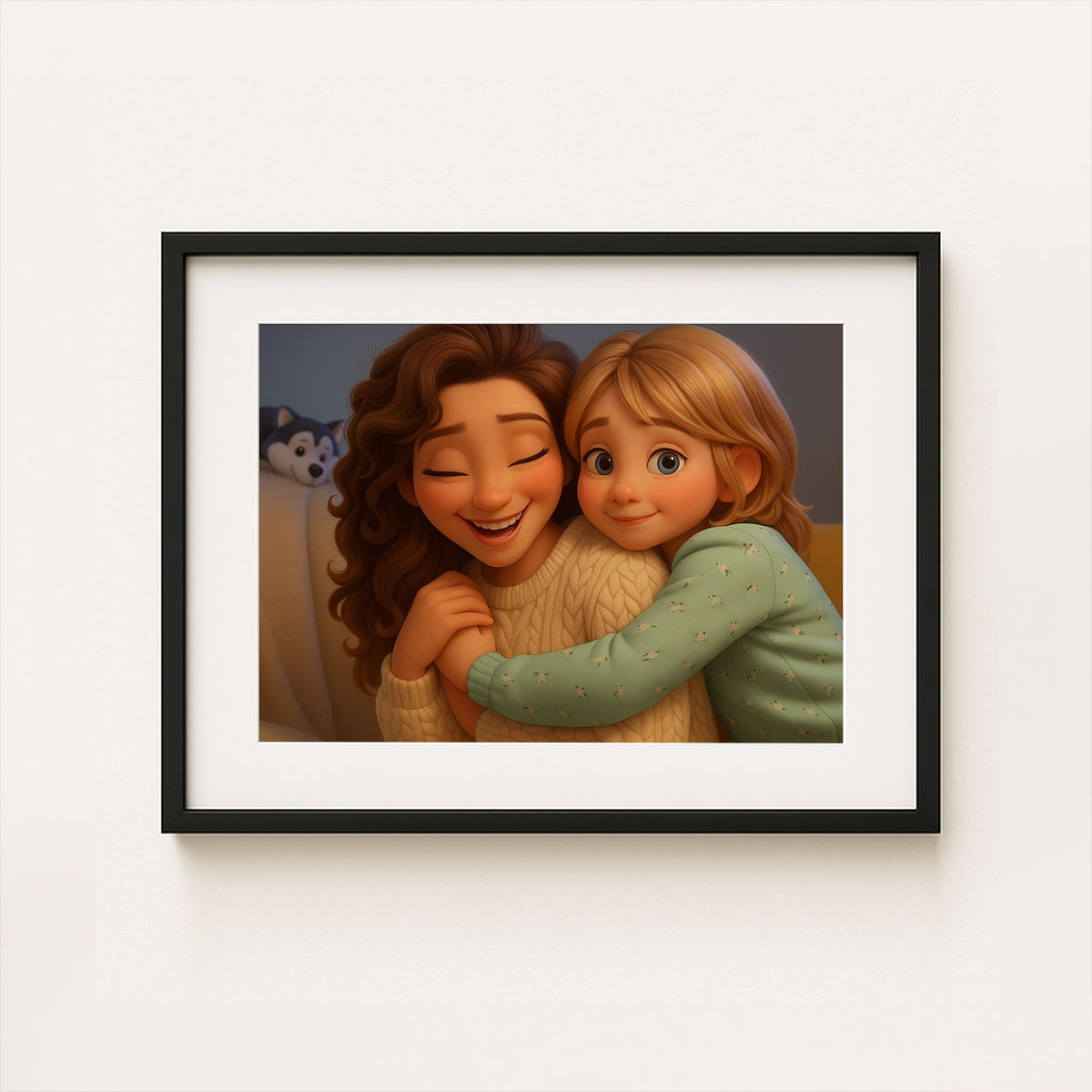 Charming Cartoon Portrait of Two Sisters Embracing: A Heartwarming Art Print for Family Love
 - 1
