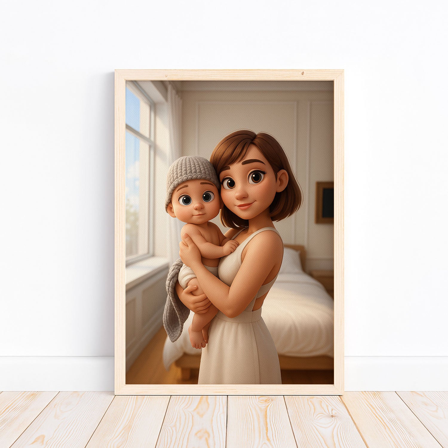 Heartwarming Cartoon Illustration of a Mother and Baby Sharing Joyful Moments – Ideal for Nursery Decor and Family Art
 - 1