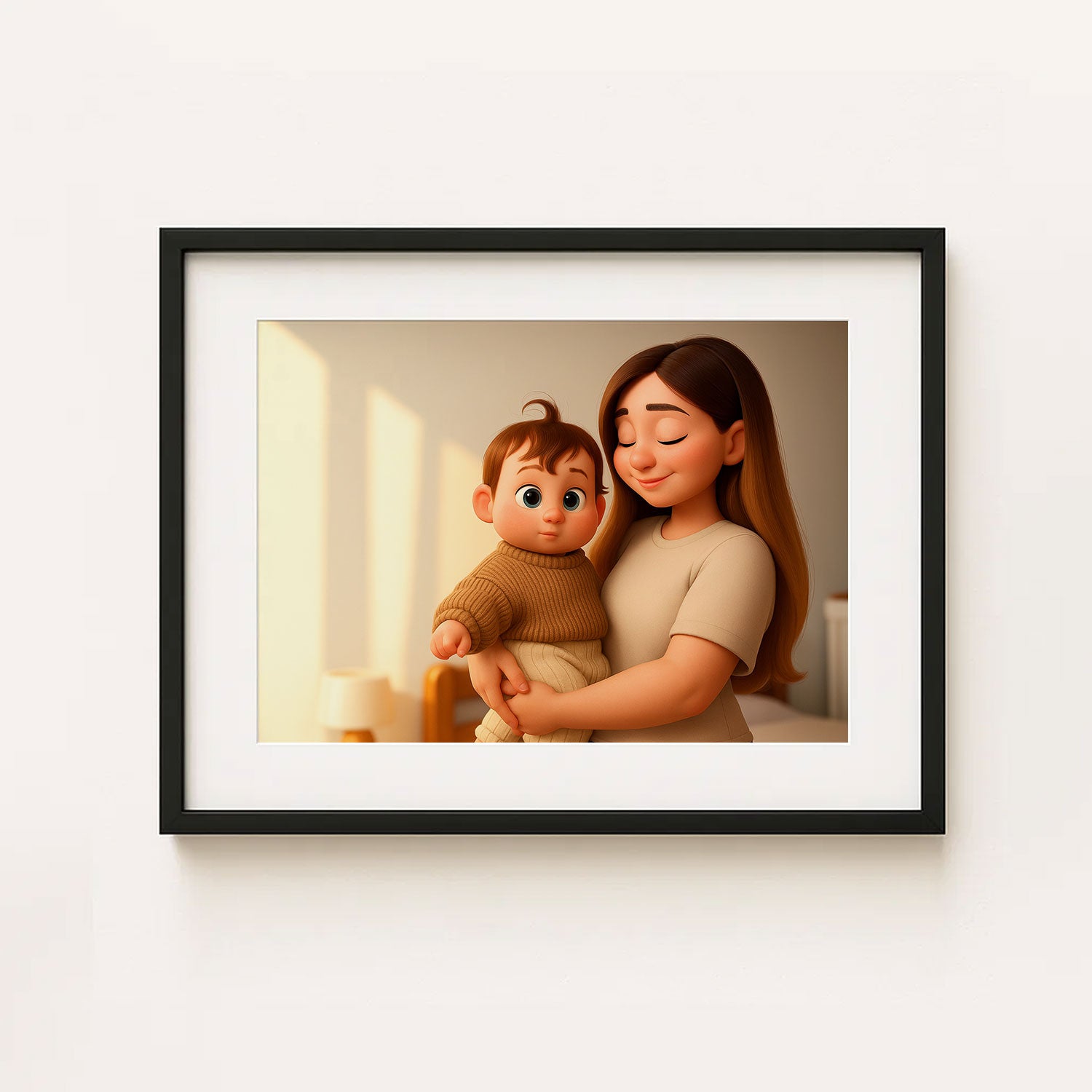 Heartwarming Cartoon Art of a Mother and Baby: Charming Illustration for Family Decor and Nursery
 - 1