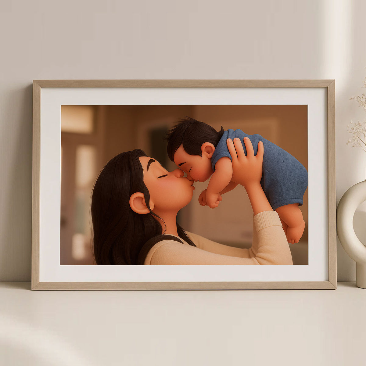 Heartwarming Cartoon Art of a Mother Embracing Her Baby: Perfect Family Gift for Nursery Decor and Baby Shower Celebrations
 - 1