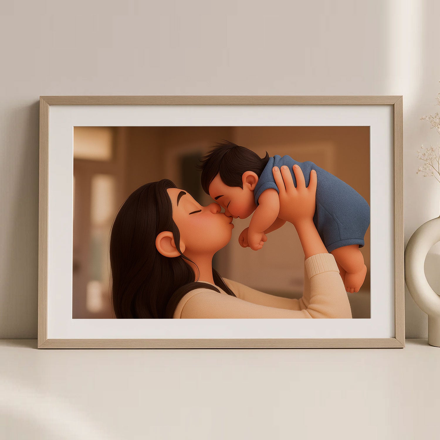 Heartwarming Cartoon Art of a Mother Embracing Her Baby: Perfect Family Gift for Nursery Decor and Baby Shower Celebrations
 - 1