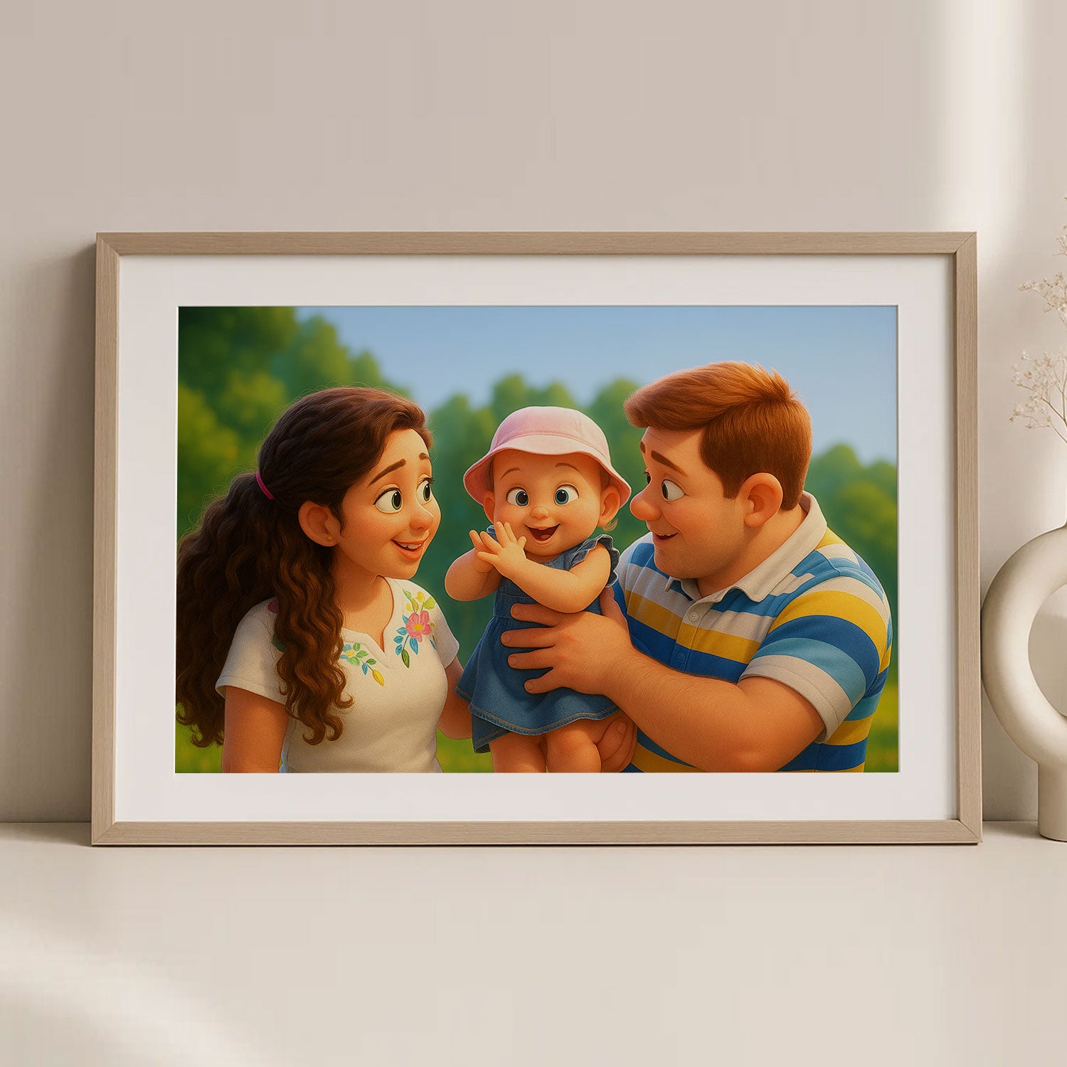 Whimsical Family Portrait Art – Heartwarming Cartoon Style Print of Father, Mother, and Baby Joy
 - 1