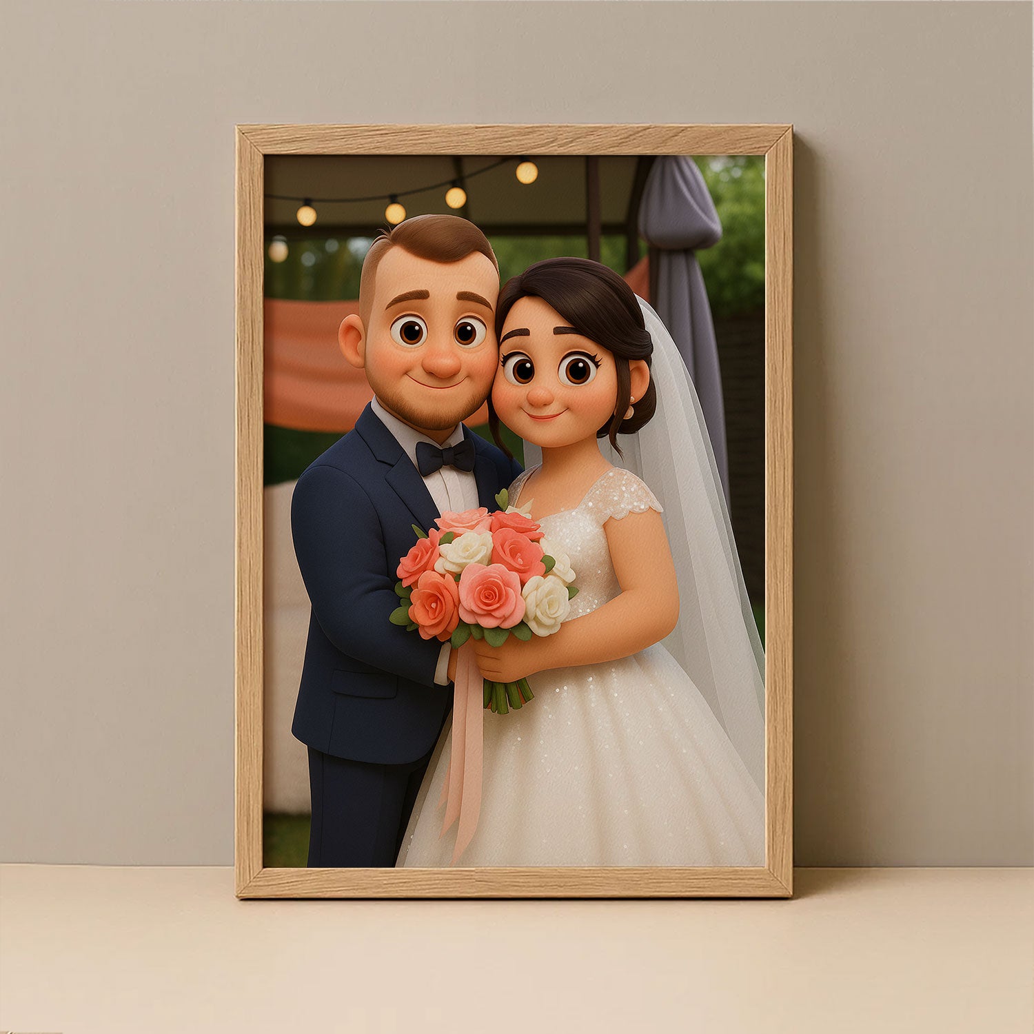 Whimsical Cartoon Wedding Portrait – Celebrate Love with a Charming Illustration of a Bride and Groom in a Joyful Embrace
 - 1