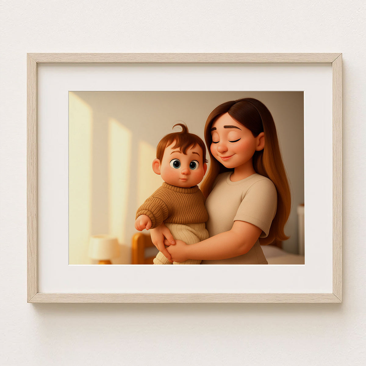 Heartwarming Cartoon Art of a Mother Embracing Her Baby: Perfect Family Gift for Nursery Decor and Baby Shower Celebrations
 - 2