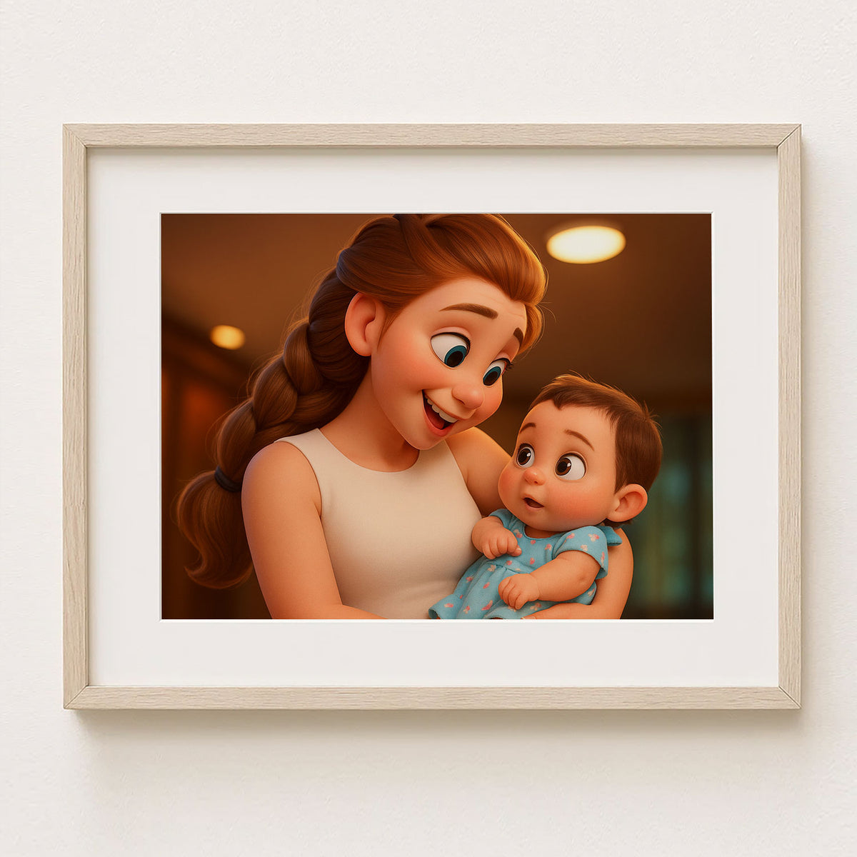 Adorable Cartoon Style Art Print of a Joyful Mother Holding Her Baby: Perfect Gift for New Parents and Nursery Decor
 - 2