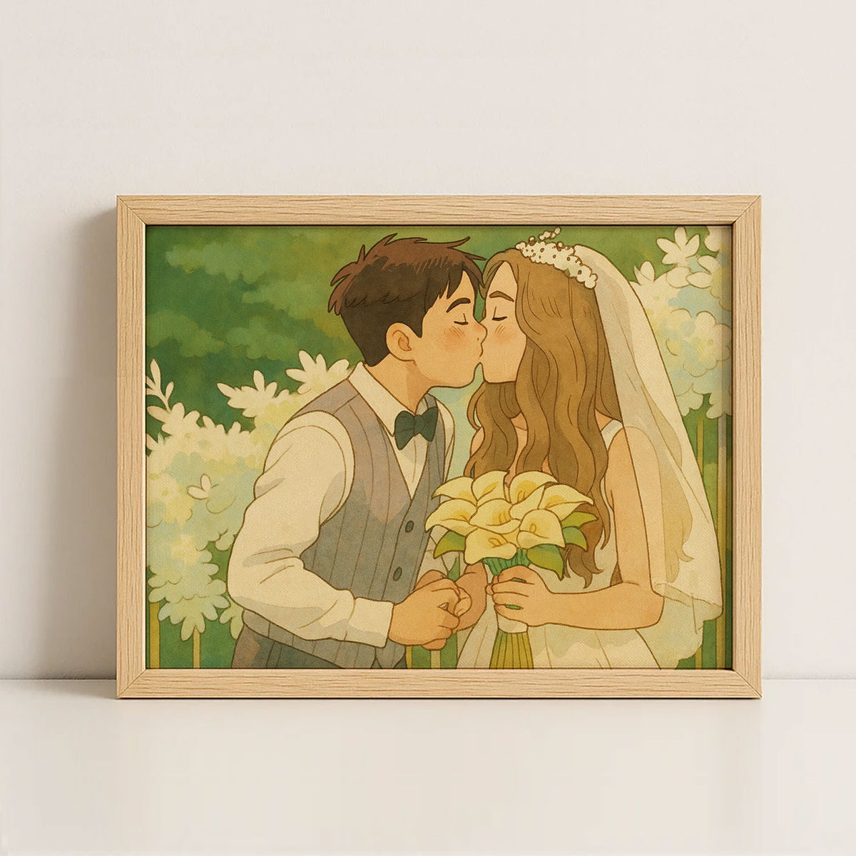 Romantic Cartoon Wedding Kiss Art Print - Elegant Couple Illustration for Home Décor
 - 2
