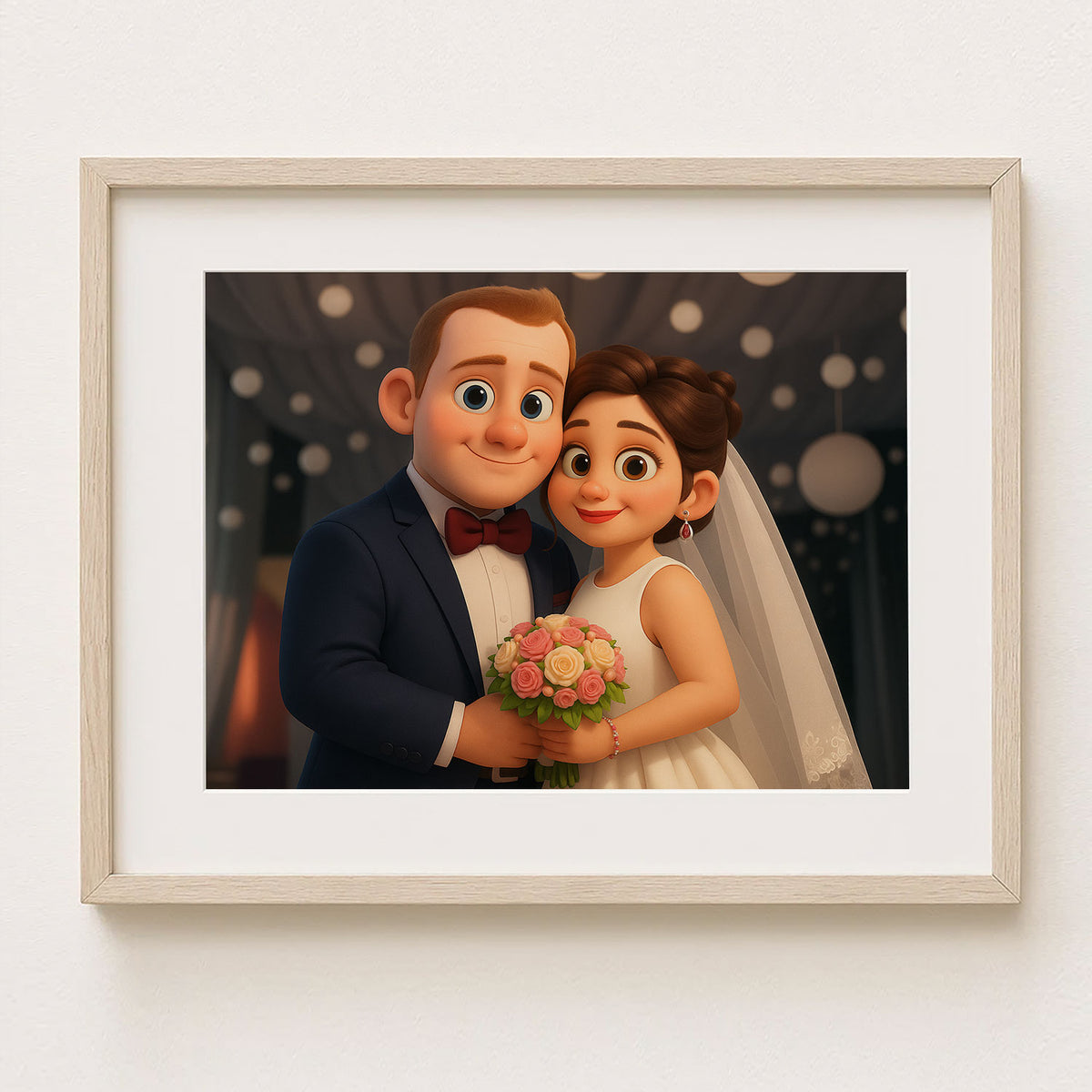 Charming Cartoon Wedding Portrait of a Happy Couple with Bouquet in Bright Colors
 - 2
