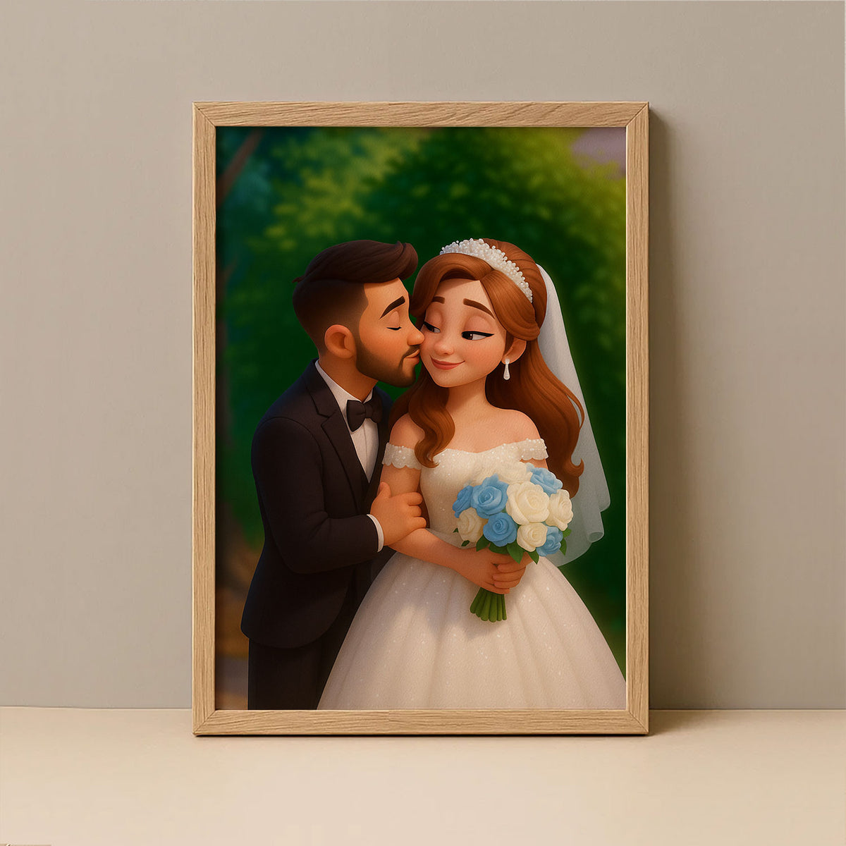 Charming Cartoon Wedding Portrait of a Loving Couple – Perfect for Home Decor and Gifts
 - 2