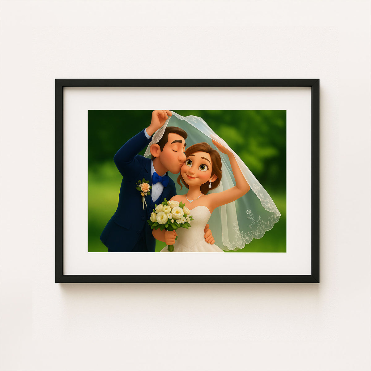 Whimsical Wedding Portrait: Charming Animated Style Art of Happy Couple on Their Special Day
 - 2