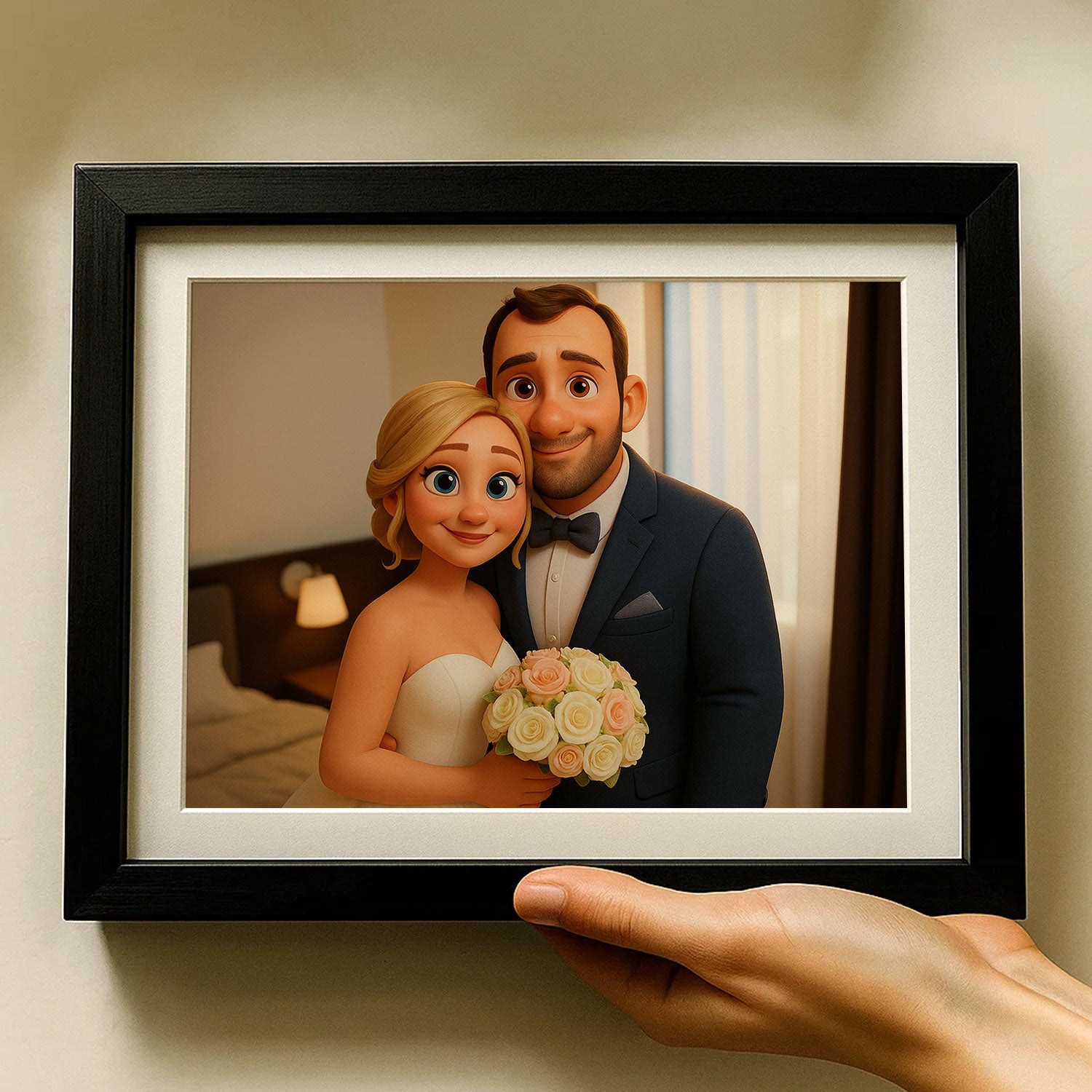 Charming Cartoon Couple Kissing: Romantic Art Print for Lovebirds and Wedding Decor
 - 1