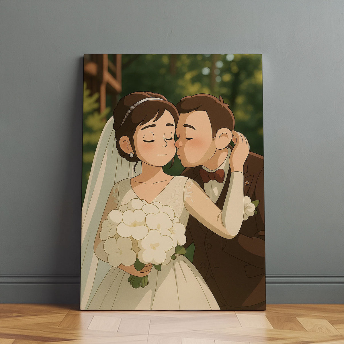 Charming Couple Illustration: Romantic Wedding Art in a Lush Garden Setting
 - 2