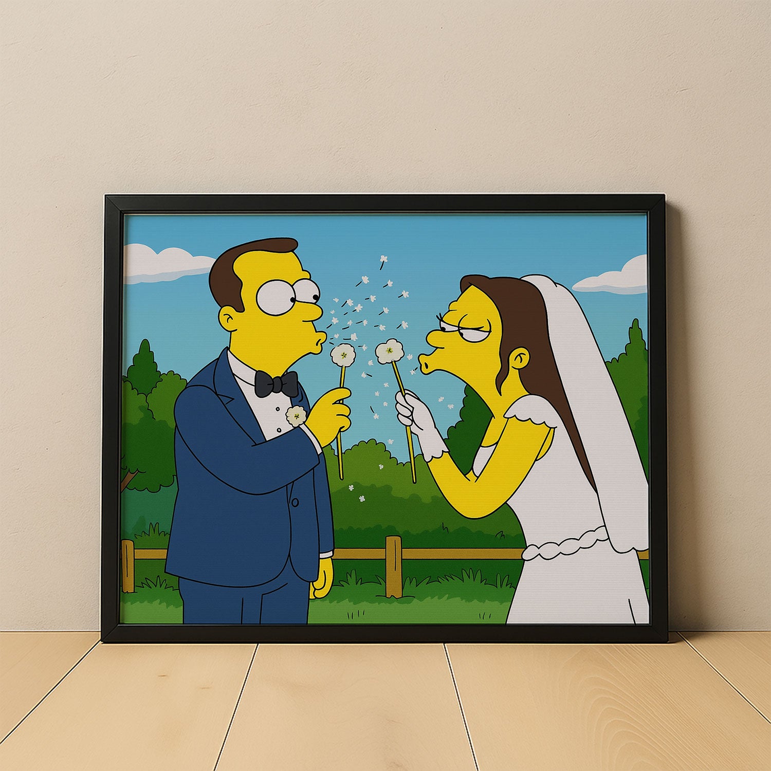 Charming Simpsons Wedding Art - Homer & Marge in Playful Cartoon Style Perfect for Home Decor
 - 1