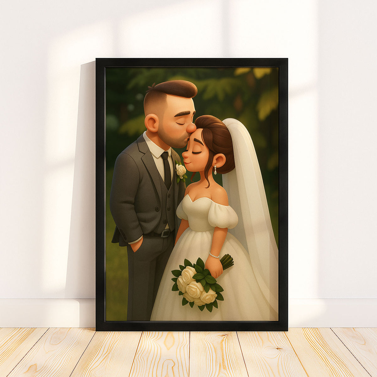 Charming Cartoon Wedding Art Print - Heartwarming Bride and Groom Illustration for Your Home Decor
 - 2