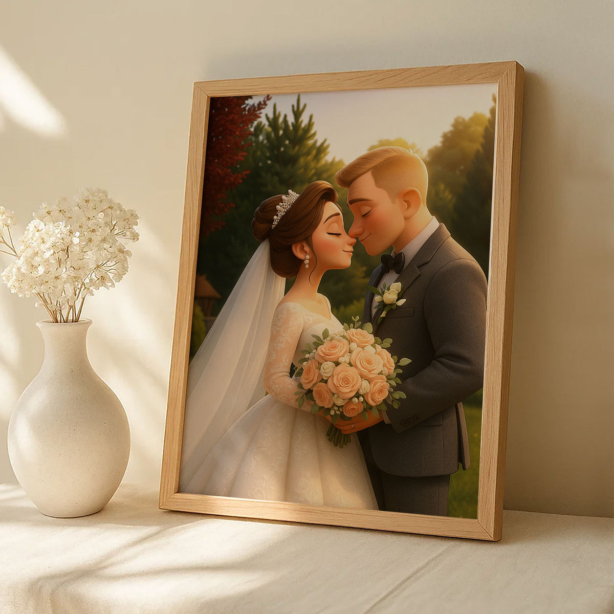 Charming Wedding Couple Portrait in Whimsical Style - Perfect Home Decor for Love and Romance
 - 2