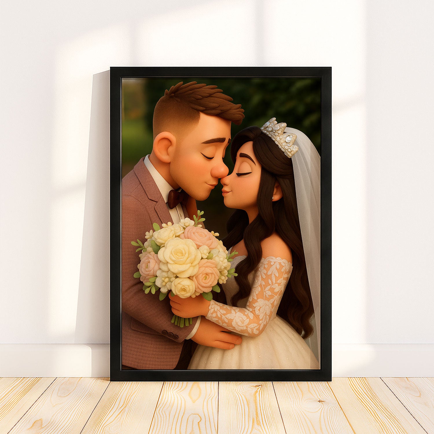 Charming Cartoon Couple Portrait: Joyful Wedding Art for Home Décor
 - 1