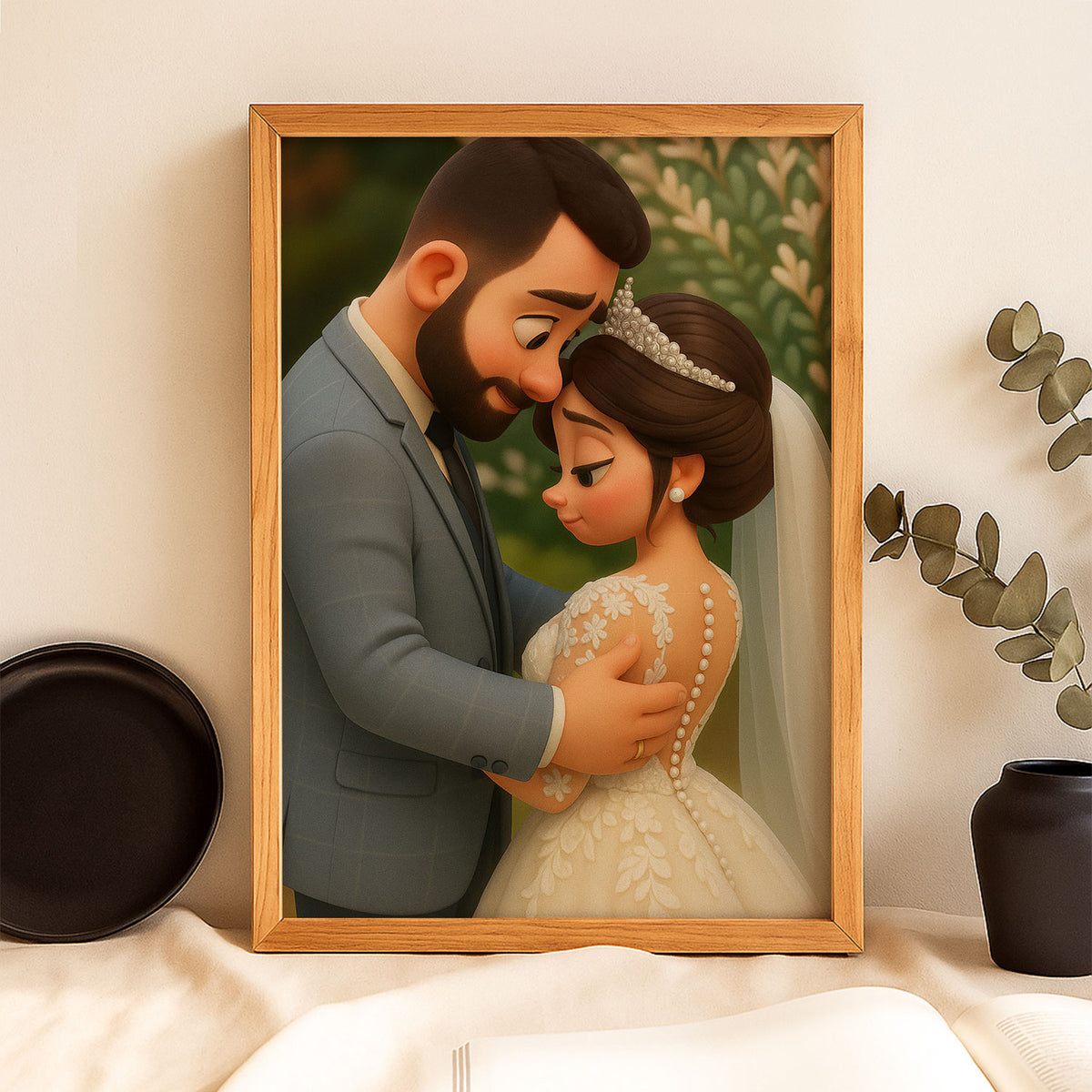 Whimsical Wedding Portrait: Charming Animated Style Art of Bride and Groom Embracing, Perfect for Love Celebrations
 - 2
