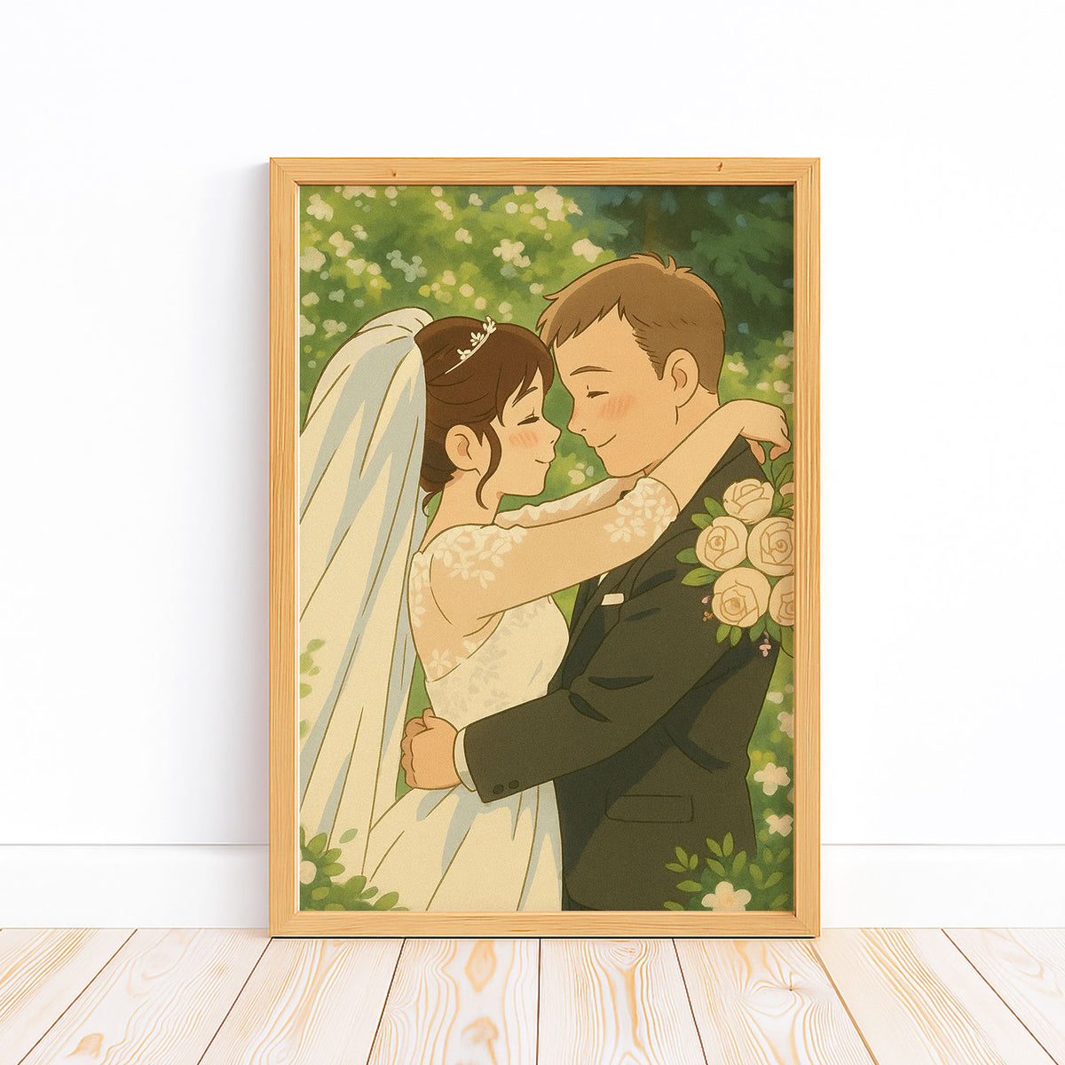 Charming Animated Wedding Artwork: Elegant Couple in Nature-Inspired Style - Perfect for Home Decor
 - 2