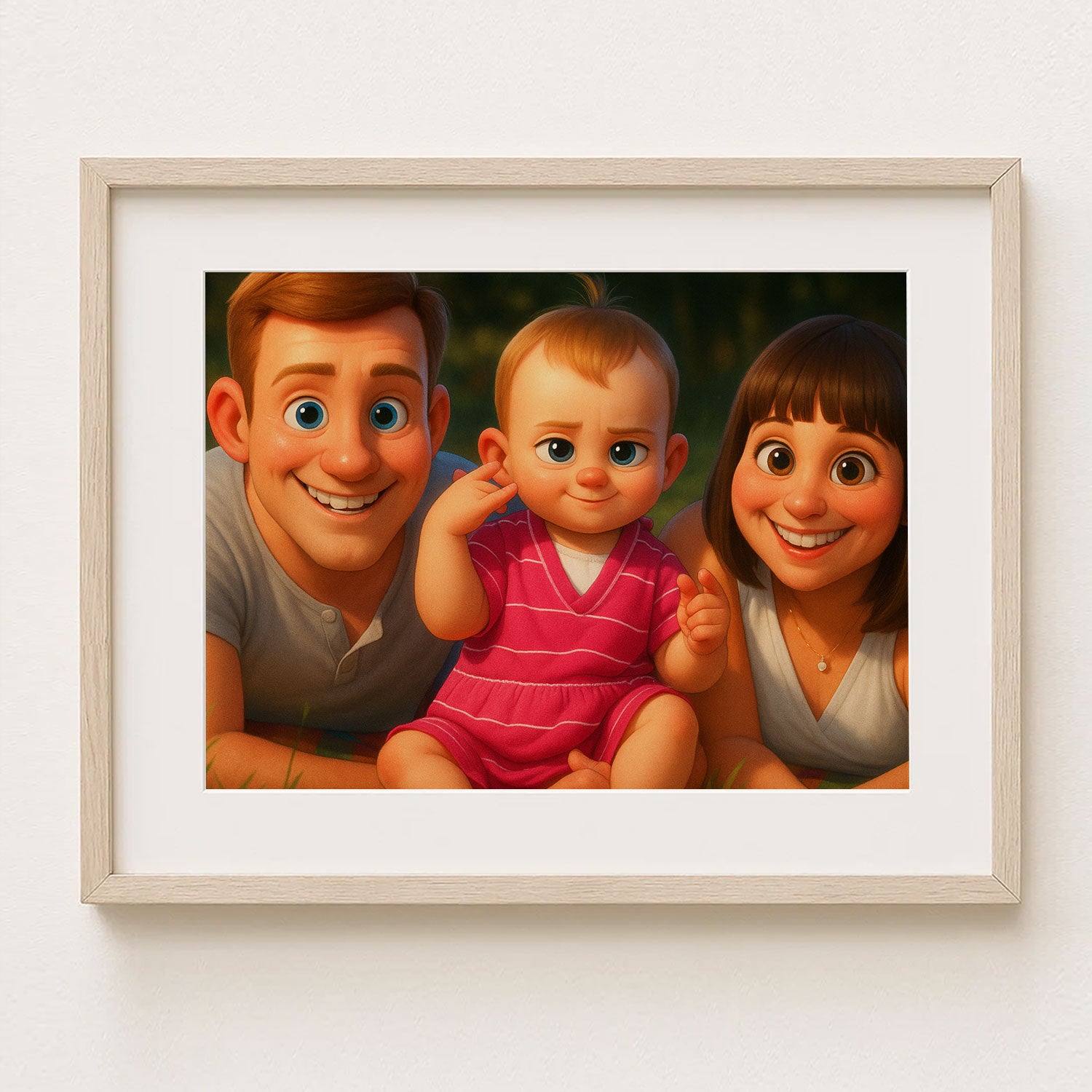 Charming Family Portrait: Heartwarming Cartoon Art Featuring Joyful Parents and Baby
 - 1