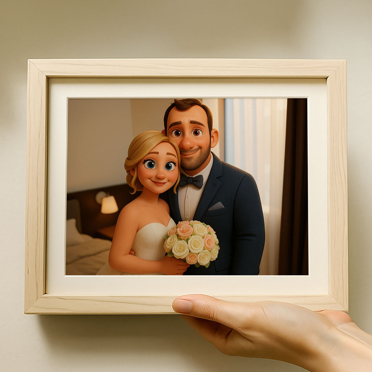 Charming Cartoon Wedding Portrait of a Bride and Groom in Whimsical Art Style for Your Home Decor
 - 2