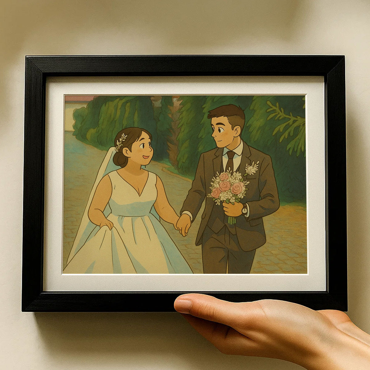 Charming Cartoon Wedding Art Print: Celebrate Your Love with Stylish Framed Couple Illustration
 - 2
