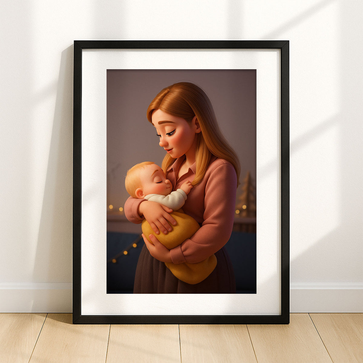 Heartwarming Cartoon Art Print of a Mother Joyfully Interacting with Her Baby in a Cozy Home Setting - Perfect for Nurseries and Family Spaces
 - 2